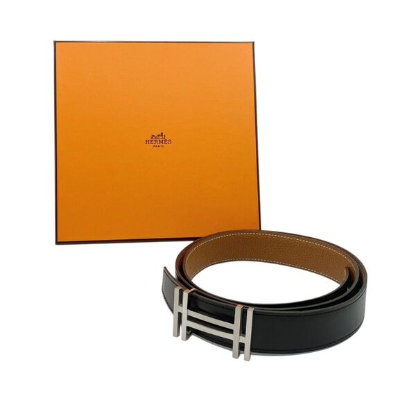 エルメス HERMES コンスタンス Hオ カレ 95 レザー Hベルト ブラック ブラウン シルバーバックル メンズ