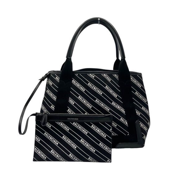 バレンシアガ BALENCIAGA 339933 ネイビーカバスS ブラック 総柄 レザー ×キャンバス ハンドバッグ ポーチ付き