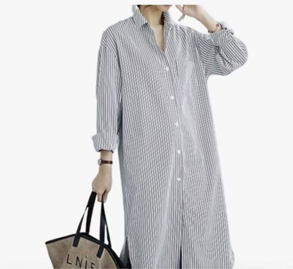シャツワンピース レディース ロングワンピース ストライプ きれいめ マキシ丈 ブラウス 大きいサイズ 前開き