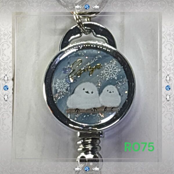リールキーホルダー 皮風リールストラップ付き【R075】シマエナガ 水色