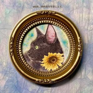 絵画 水彩 黒猫 ミニアート 猫 猫の絵 猫のイラスト 猫の置物 アンティーク 猫の雑貨 ミニ画 ロココ調 フランスアンティーク