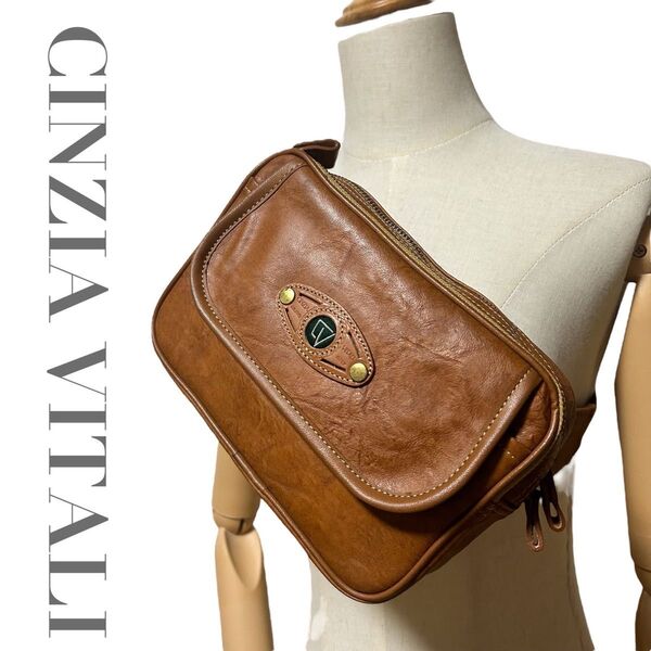 美品 シンジアヴィターリ CINZIA VITALI ボディバッグ ウエストポーチ 斜め掛け クロスボディ イタリア レザー 茶色