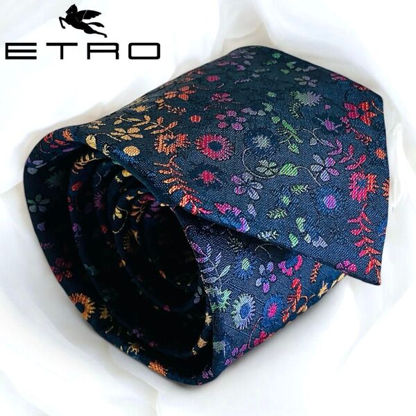 極美品 ETRO エトロ フラワー刺繍 ネクタイ ネイビー シルク イタリア製