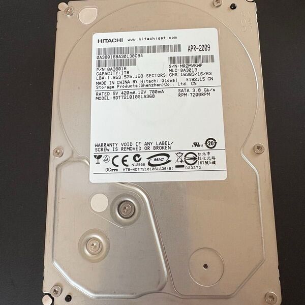 HITACHI HDD 1TB LBA: 1, 953,525, 168 SECTORS CHS: 16383/16/6