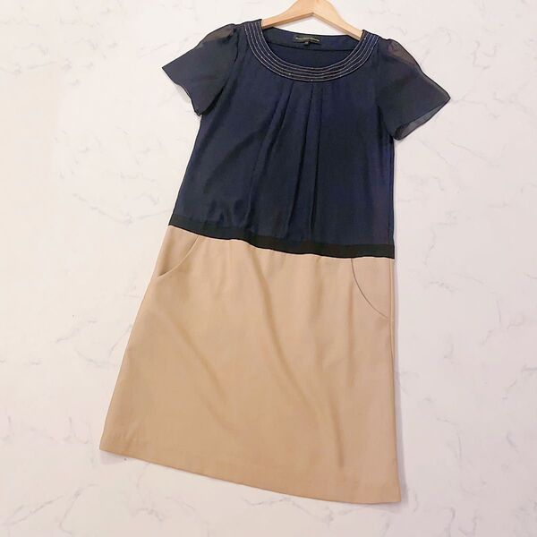 バイカラー 半袖 シフォン M 38 Green Label Relaxing ひざ丈