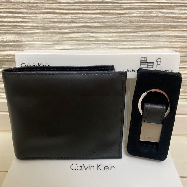 美品 新品未使用 Calvin Klein カルバンクライン メンズ 二つ折り 財布 キーホルダー付き ギフト セット