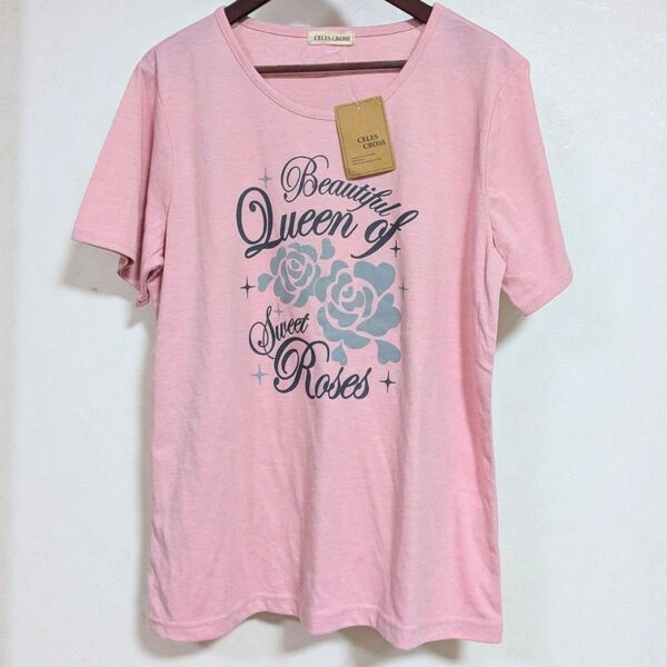 【タグ付き/CELES CROSS】半袖プリントクルーネックTシャツ ピンク 英字 薔薇 薄手 夏物 レディースL セレスクロス