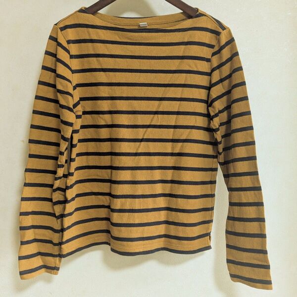 【UNIQLO】ボーダー長袖カットソー コットン オレンジ オーカー ネイビー 黄土色 紺色 レディースS ボートネック 秋物 綿