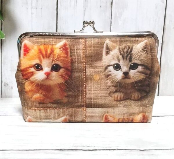 角型 がま口ポーチ 通帳ケース 小物入れ 多目的ポーチ 猫 ねこ 子猫