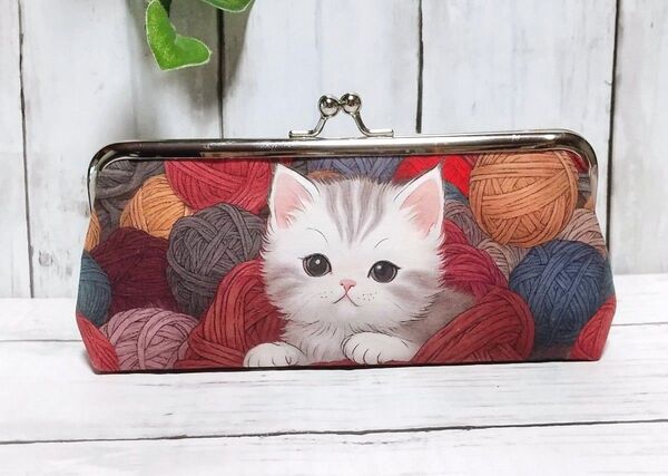 角型 がま口ポーチ メガネケース ペンケース 小物入れ 多目的ポーチ 猫 ねこ 毛糸と子猫
