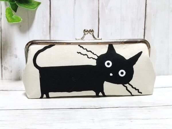 角型 がま口ポーチ メガネケース ペンケース 小物入れ 多目的ポーチ 猫ねこ 黒猫