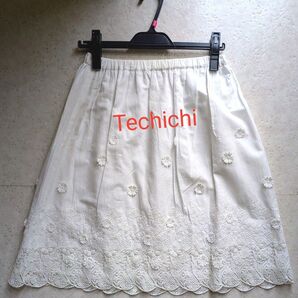 Techichi オフホワイト レースアップリケ 膝丈スカート