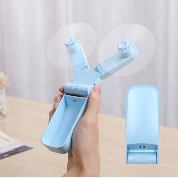 【ブルー】ハンディファン 扇風機 ツインファン 折りたたみ コンパクト 充電式