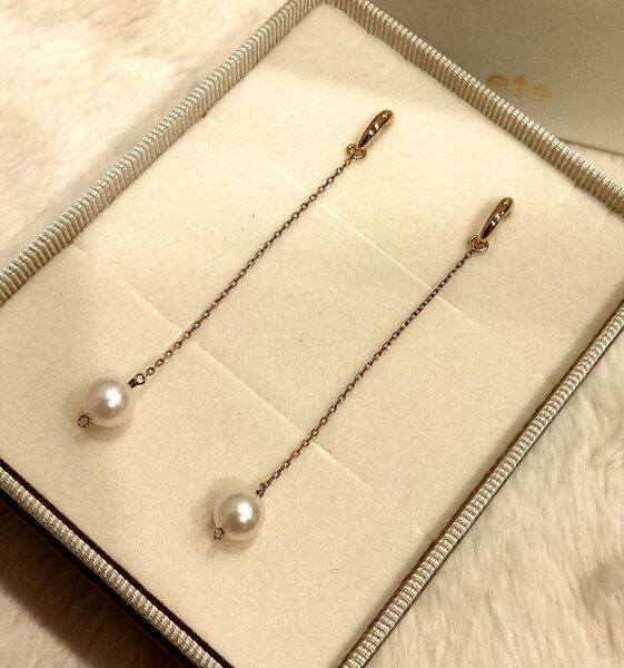 美品 ete あこやパール ロングチェーン イヤリング 925ドロップ ゴールド