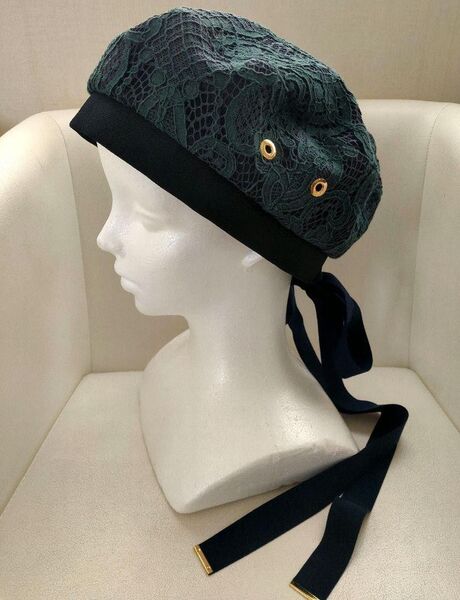 美品 CA4LA ベレー帽 レース カシラ リボン ネイビー グリーン