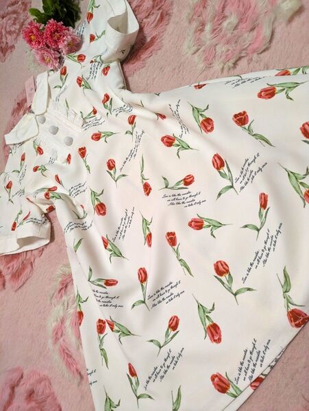新品タグ付き◆Swankiss◆白◆花柄◆チューリップ◆文字入り◆可愛らしいフリル付き◆レアな◆ワンピース
