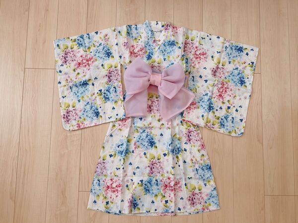 女の子 浴衣ドレス あじさい柄 ピンク リボン 130cm