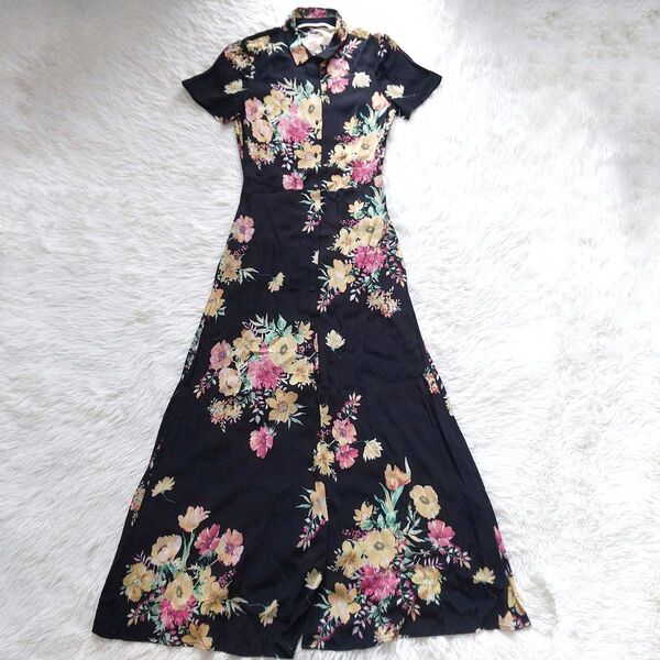 ZARA ザラ 花柄プリント シャツワンピース マキシ丈 黒