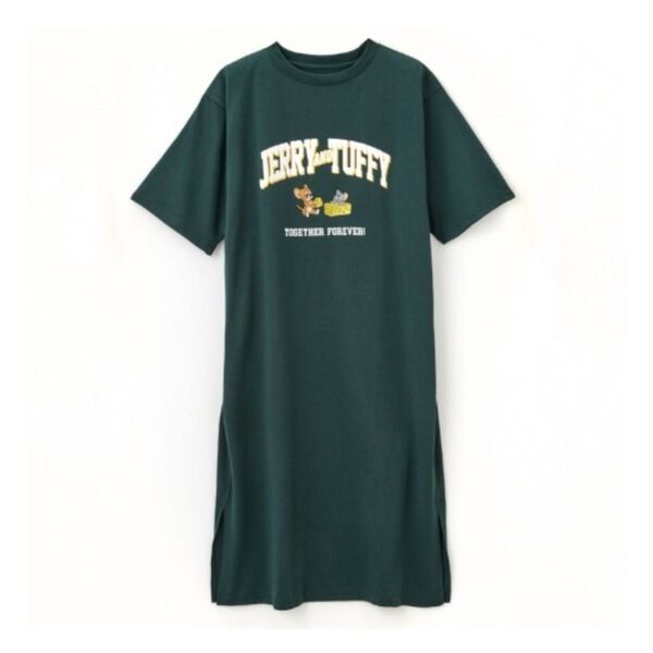 しまむら トムとジェリー 半袖Tシャツマキシワンピース ダークグリーン Mサイズ
