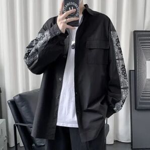 韓国 ペイズリー柄 長袖 オーバーサイズ シャツ メンズ ブラック