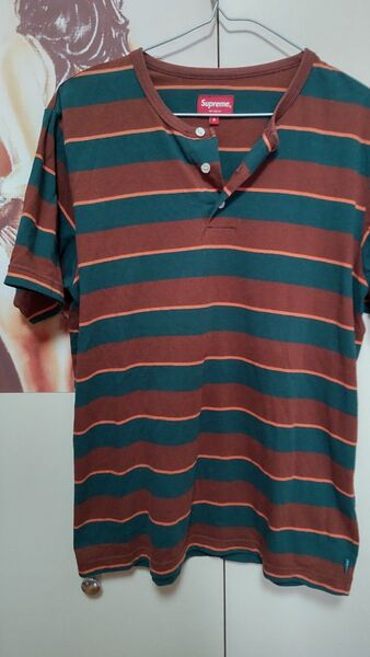 Supreme ボーダー柄ヘンリーネックTシャツ Sサイズ グリーン×ブラウン