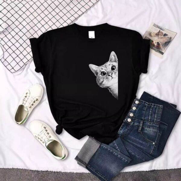 猫の顔プリント 半袖Tシャツ Mサイズ 送料無料 新品 ブラック 半袖 Tシャツ トップス 夏服 ねこ 猫 ブラック ネコ シャツ