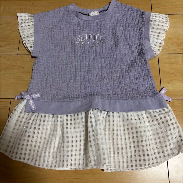 130 パステルパープル むらさき チュニック カットソー リボン トップス 女の子 女児 Tシャツ