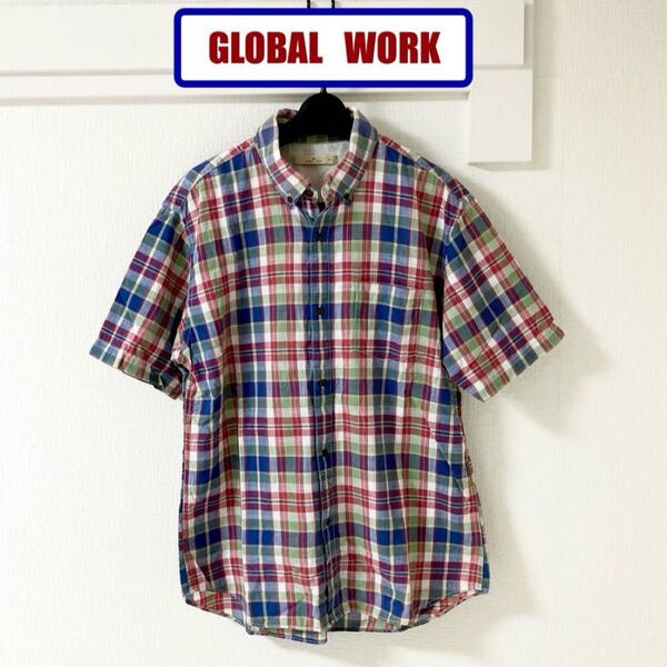 グローバルワーク タータンチェックデザイン メンズ ボタンダウン半袖シャツ GLOBAL WORK