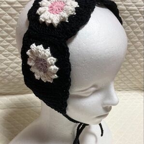 ヘアバンド バブーシュカ ヘッドドレス 手編み ブラック かぎ針編み デ