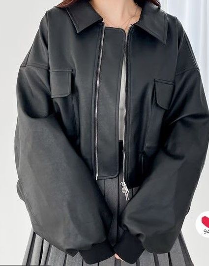 Heather黒フェイクレザーWZIPショートブルゾンヘザーライダースジャケット