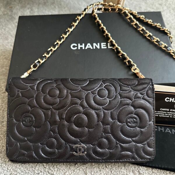 【CHANEL】シャネル カメリア 長財布 チェーンウォレット ブラック