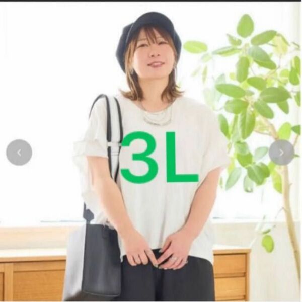 ク・着痩せ 肩タックドルマンプルオーバー Tシャツ おかだゆり 3L ホワイト 大きいサイズ
