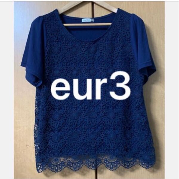 Yフ・着痩せ eur3 おしゃれなレースカットソー 半袖Tシャツ きれいめ 可愛い ゆったり ネイビー
