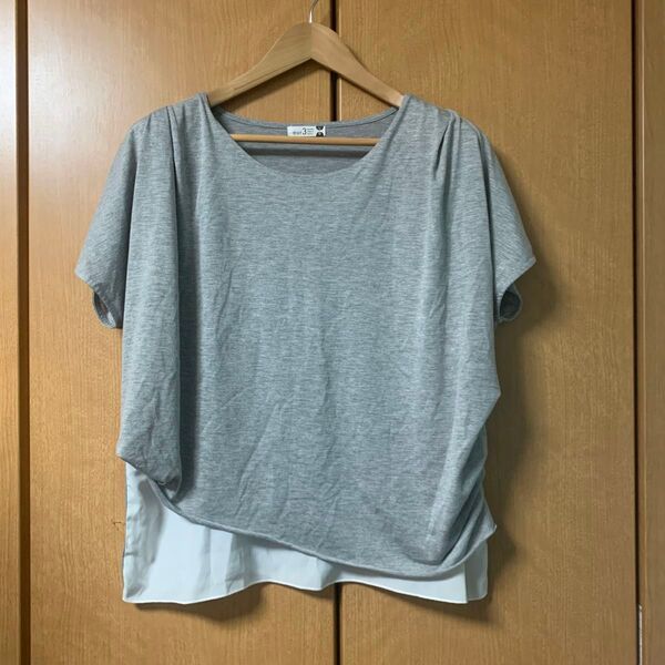タ・着痩せ eur3 エウルキューブ おしゃれな重ね着風トップス グレー レイヤード 大きいサイズ