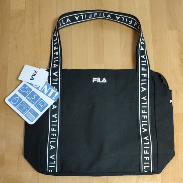【FILA】帆布ロゴテープトートバッグ ブラック フィラ