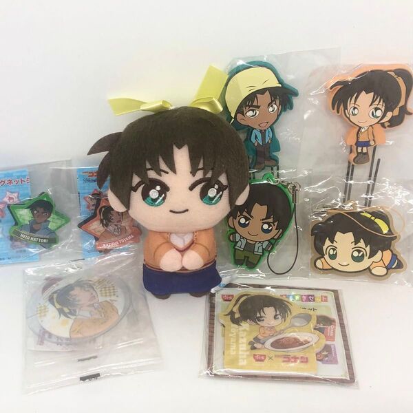 ☆新品未使用☆名探偵コナン 服部平次 遠山和葉 9点セット ぬいぐるみマスコット マグネットシート 缶バッジ すき家 くら寿司