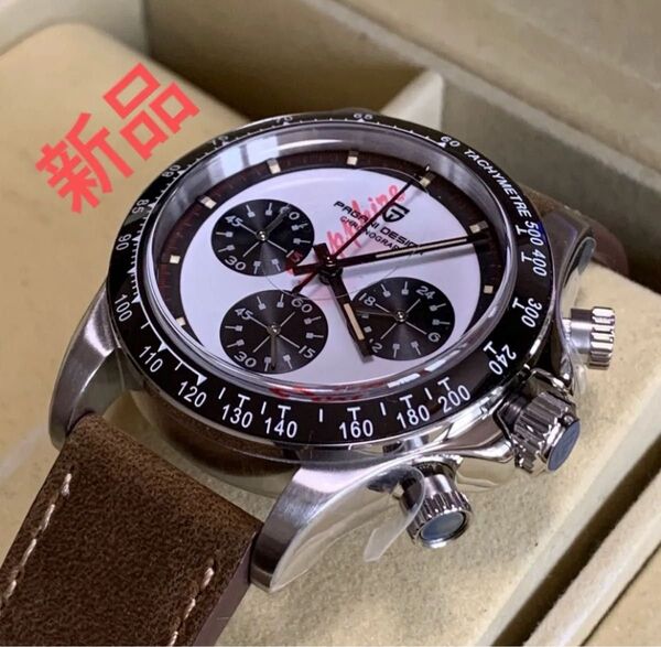 【新品】クロノグラフ 腕時計 白パンダ モデル VK63 ムーブメント搭載 本革ストラップ 100M防水 ポールニューマン