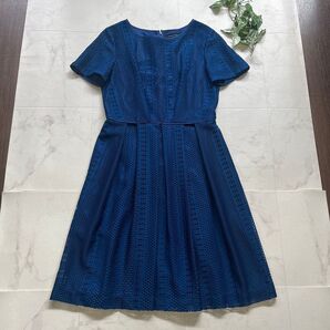 極美品 TRANS WORK カットワークワンピース サイズ40 ブルー 洗える