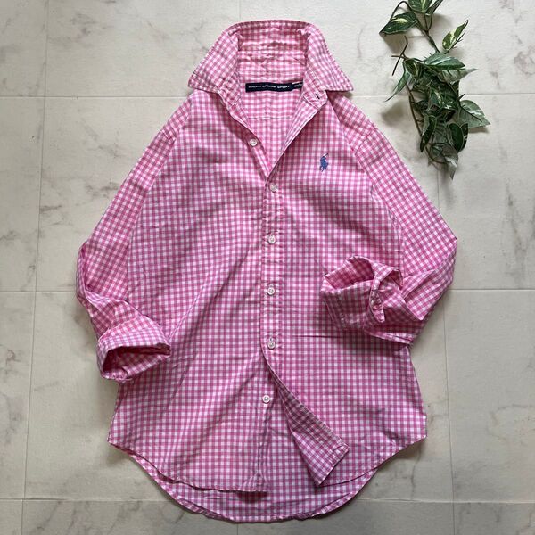 美品 RALPH LAUREN ギンガムチェックシャツ 白×ピンク ホース刺繍