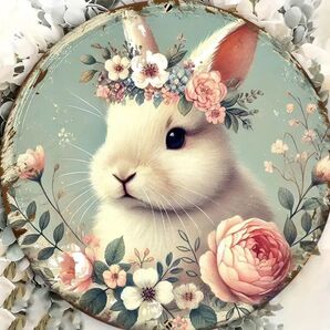 うさぎ ブリキ看板 アルミ 円形 お花いっぱい ガーリー かわいい インテリア ガーデニング