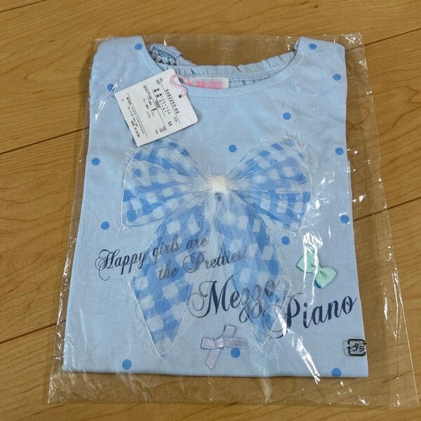 メゾピアノ Tシャツ 130cm 水色 ギンガムチェック リボン 未使用
