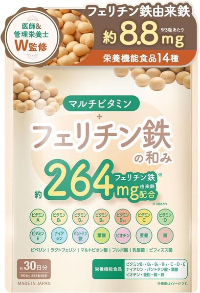 フェリチン鉄 サプリ 264mg/袋 マルチビタミン 60粒 30日分 貯蔵鉄 乳酸菌 1.5兆個/袋