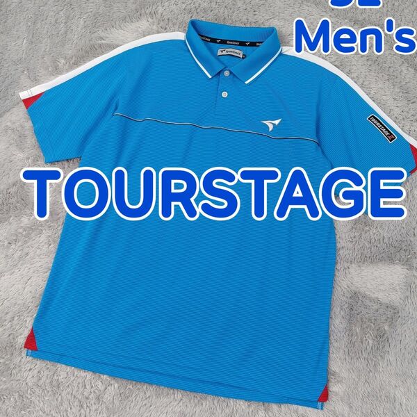 美品★TOURSTAGE ツアーステージ ゴルフウェア ポロシャツ 半袖 青色 速乾ドライ ストレッチ メンズ 3L ゴルフ