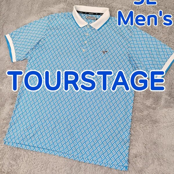 TOURSTAGE ツアーステージ ゴルフウェア 半袖 ゴルフシャツ 水色 総柄 吸汗速乾ドライ ストレッチ メンズ 3L