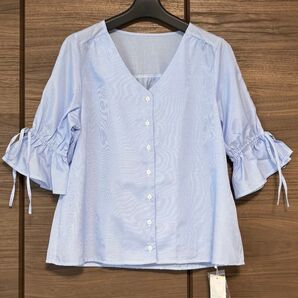 N.ナチュラルビューティーベーシック ストライプ柄袖フリルリボンブラウス 未使用