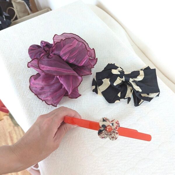 【美品】フランス製 ヘアアクセサリー 3点セット リバティ柄あり バレッタ シュシュ カチューシャ
