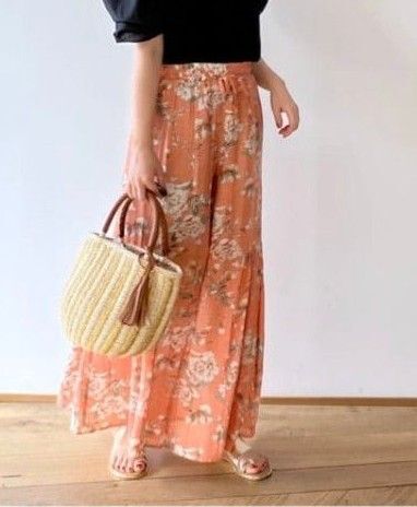花柄 ワイドパンツ オレンジ 春夏 レディース