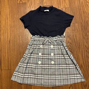 ワンピース 半袖 半袖ワンピース 子供服 キッズ ハイウエスト ネイビー シンプル チェック ワンピ