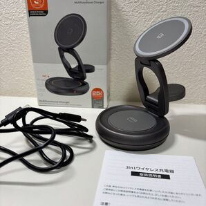 ワイヤレス充電器 ブラック Qi 急速充電器 ワイヤレス充電器 3in1 折りたたみ マグセーフ式 エラー品 ジャンク品扱い
