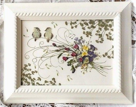 押し花アート〜小鳥のハーモニー〜押し花額 アート インテリア雑貨 額装 絵画 風景画 小鳥 ブーケ 壁掛け 花